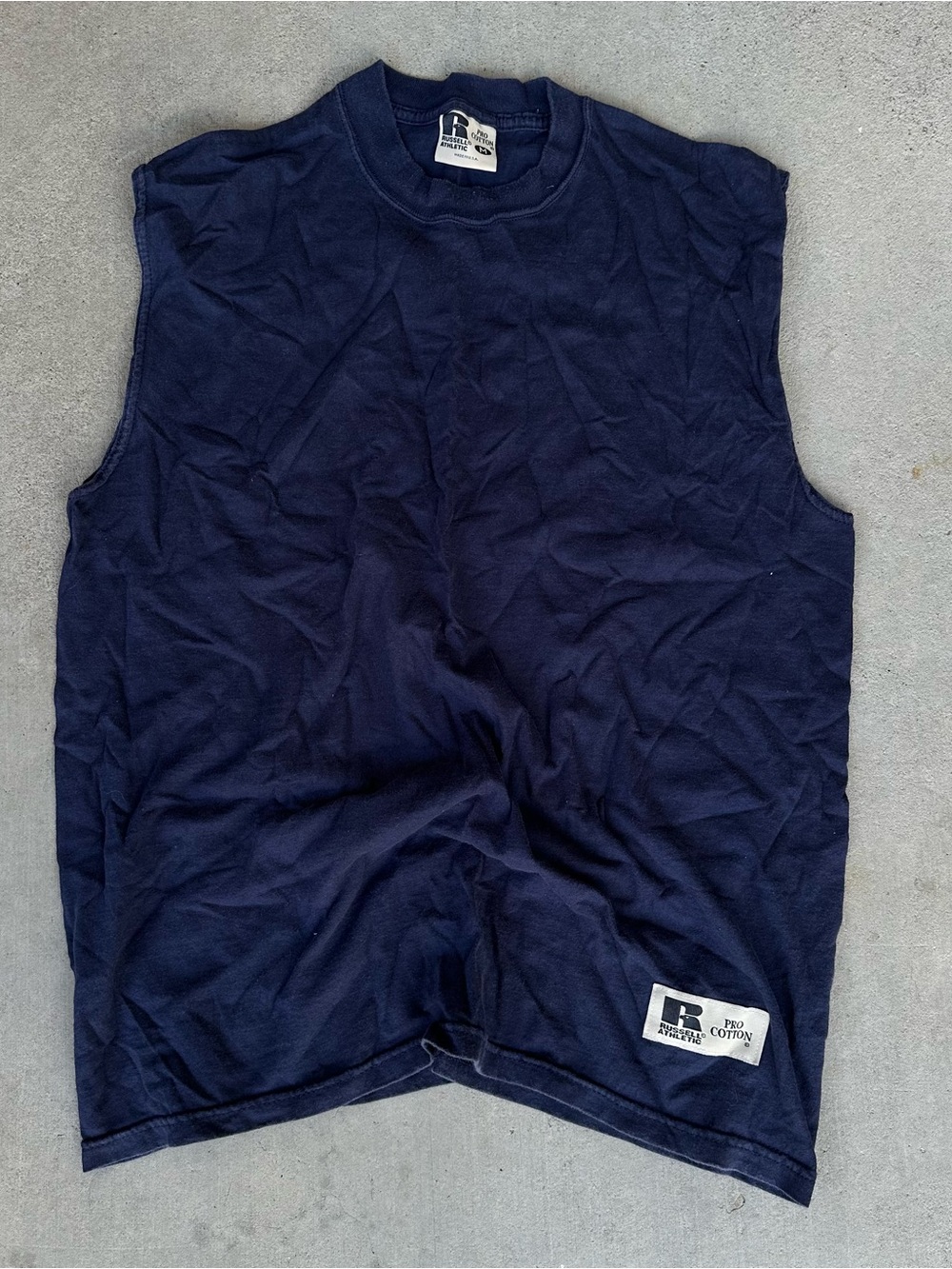 Vintage 90s Russell Athletic Men's Navy Sleeveless Crew Neck Logo Tee Size M